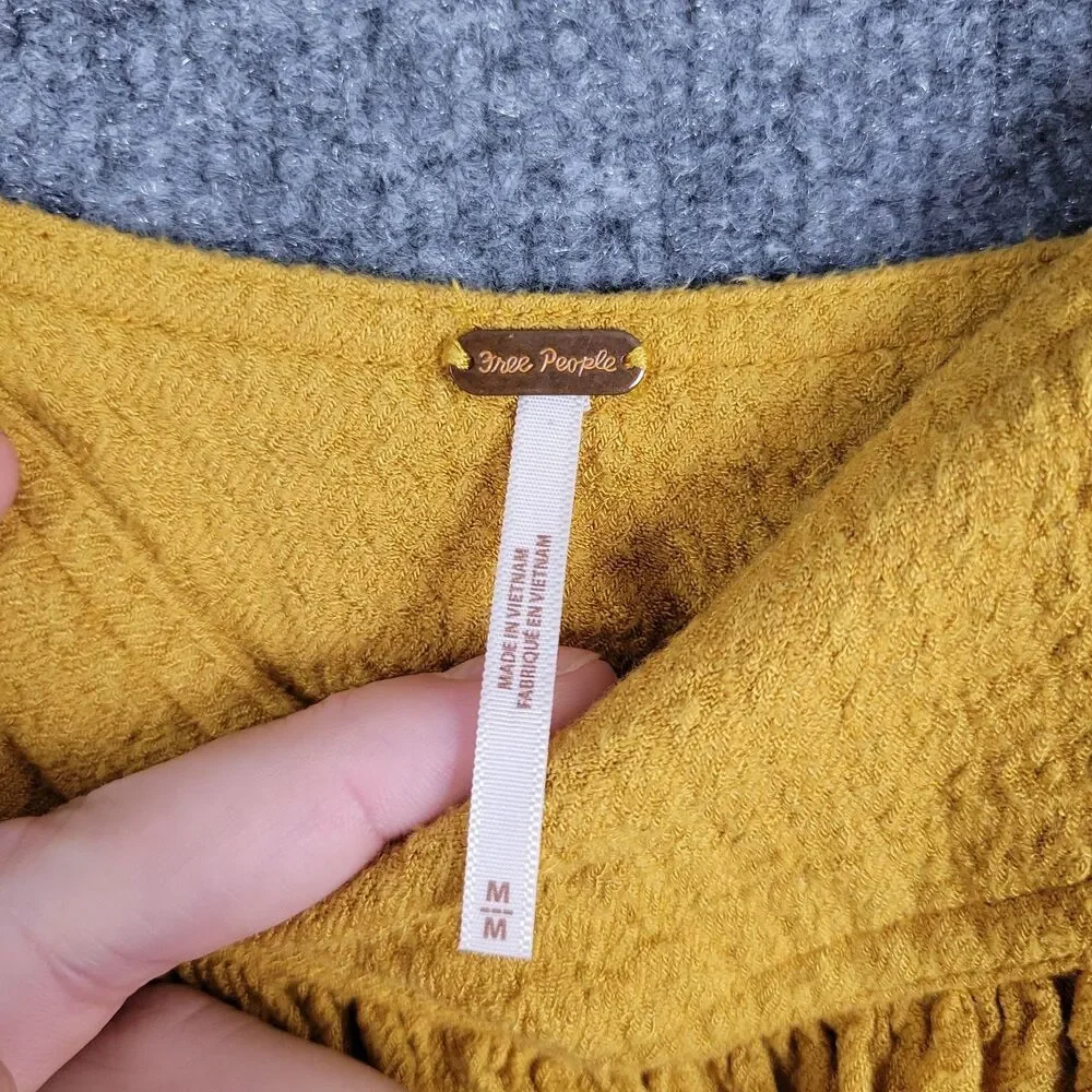 FREE PEOPLE Bonnie Yellow Ruffle Square Neck Peasant Top Bohemian SIZE MEDIUM